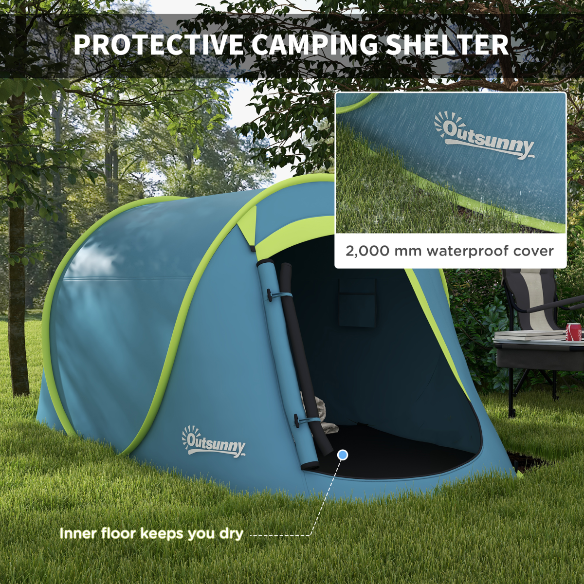 Outsunny 2-Person Pop-Up Camping Tent, 2000mm Waterproof, Blue