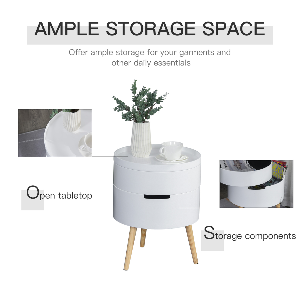 HOMCOM 3-Part Side Table with Storage, Detachable Tray Top, White