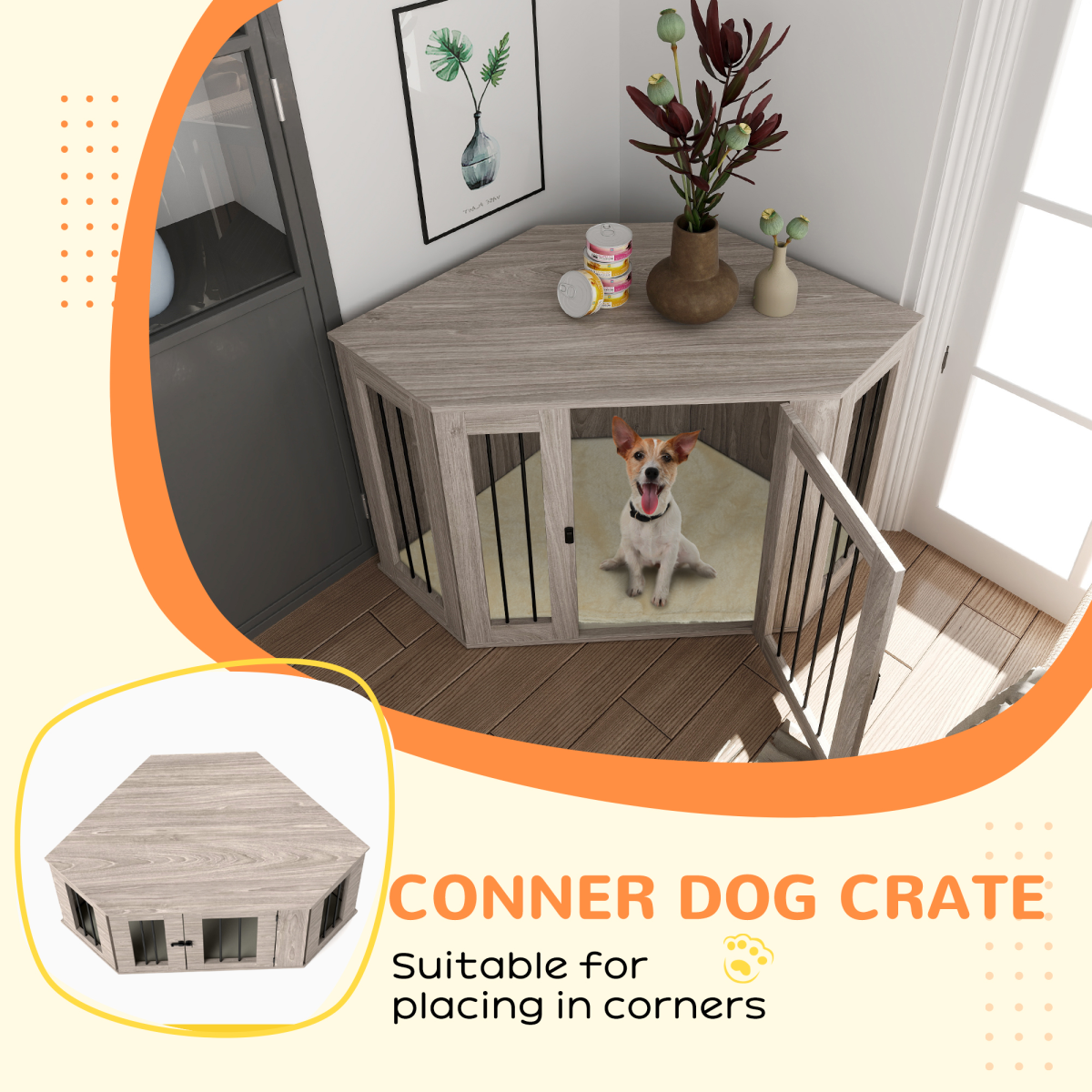 PawHut Medium Dog Crate Furniture Side Table with Cushion, Walnut Brown