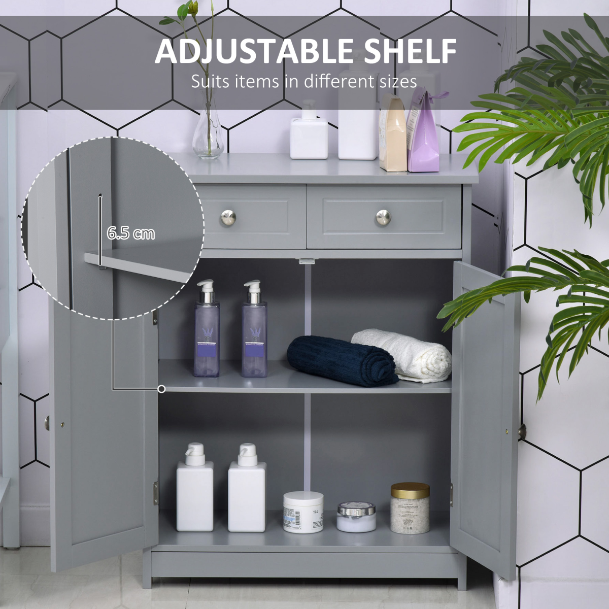 kleankin Bathroom Floor Storage Cabinet with 2 Drawers, Cupboard and Adjustable Shelf, Grey