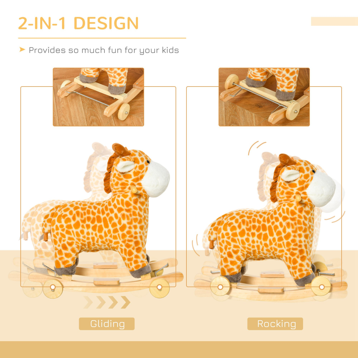 2-in-1 Kids Plush Giraffe Rocking Ride-On with Sound and Wheels Yellow