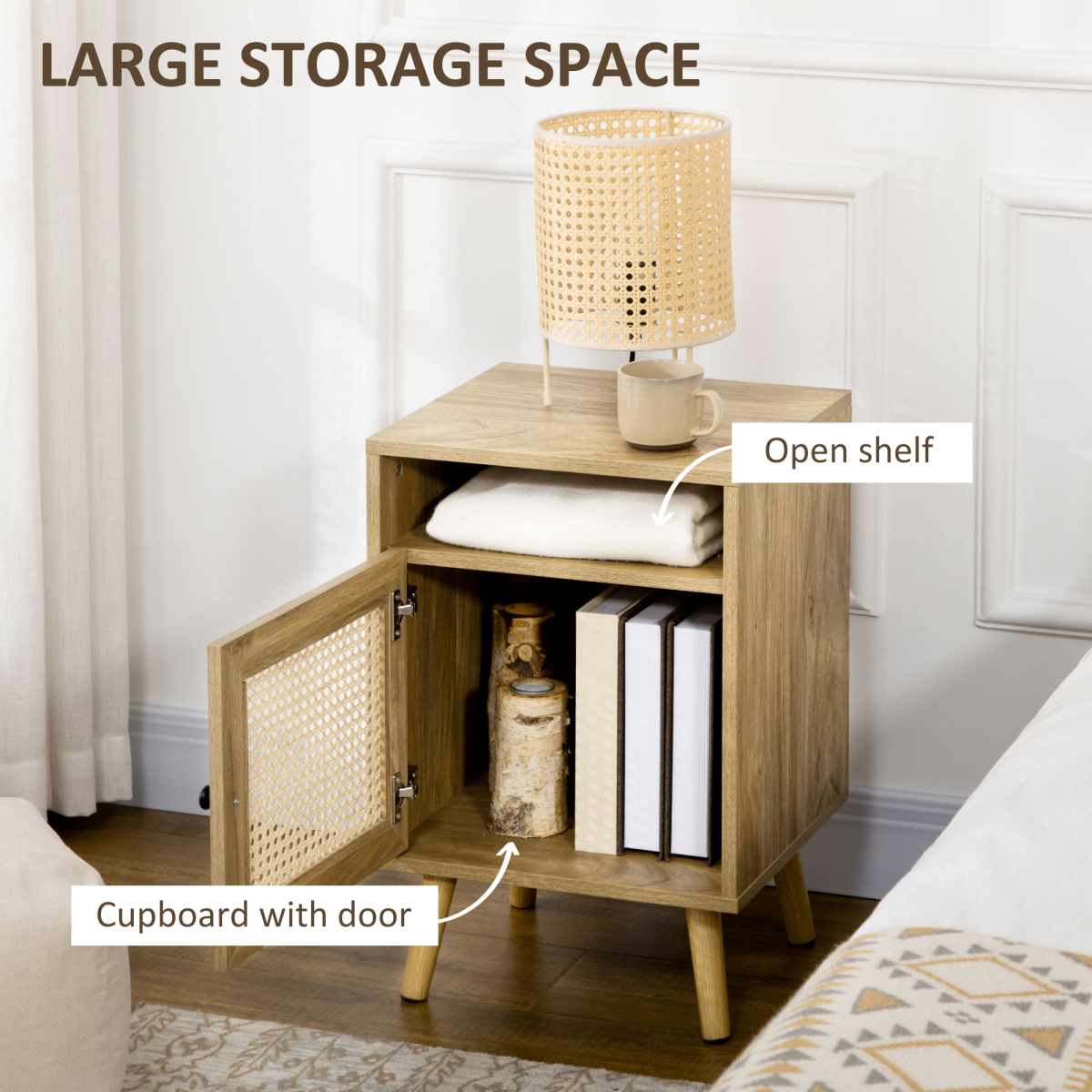 HOMCOM Rattan Nightstand with Cabinet and Shelf, Bedside Table