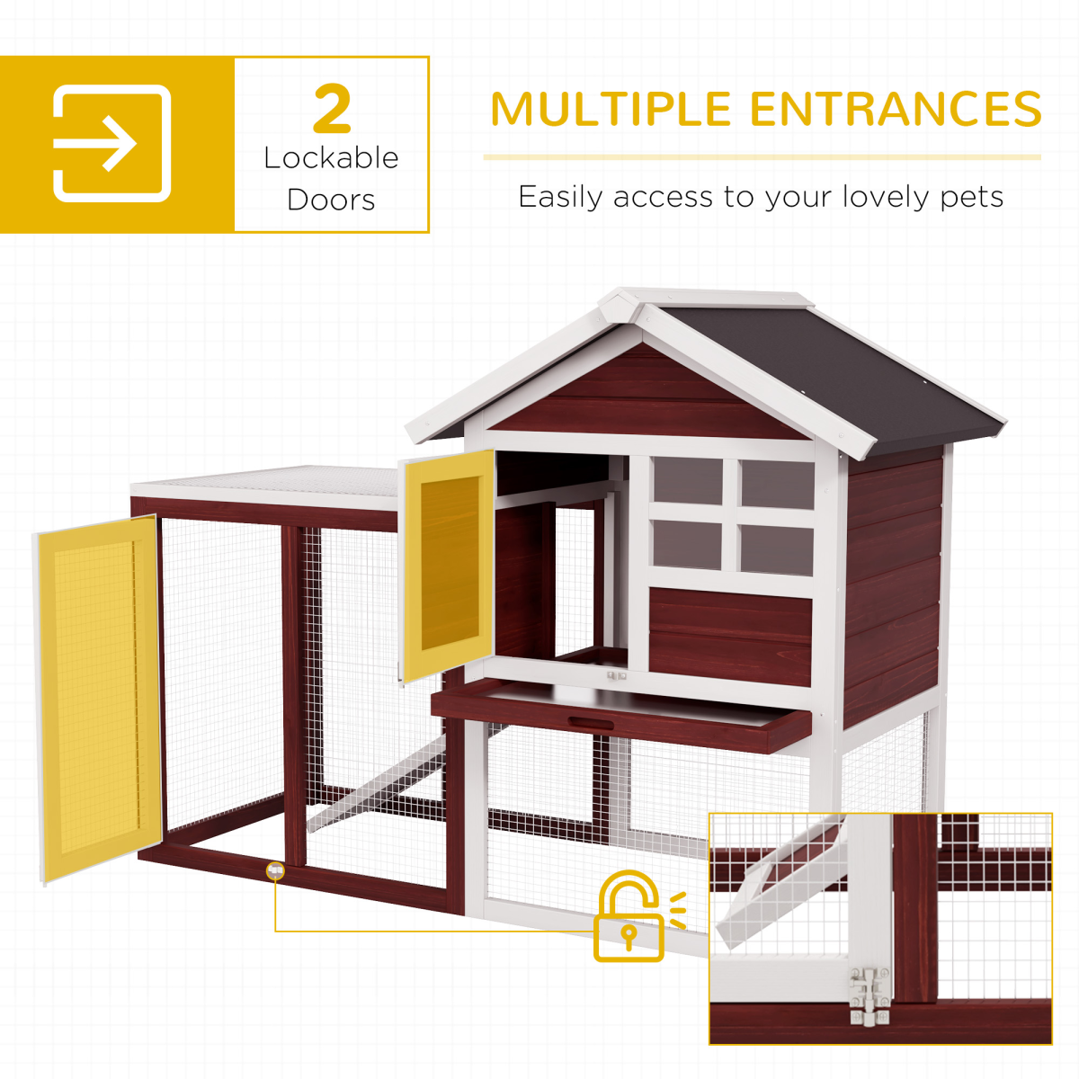 PawHut 122cm Wooden Rabbit Hutch with Ramp, Slide-Out Tray, Multiple Doors, Asphalt Roof