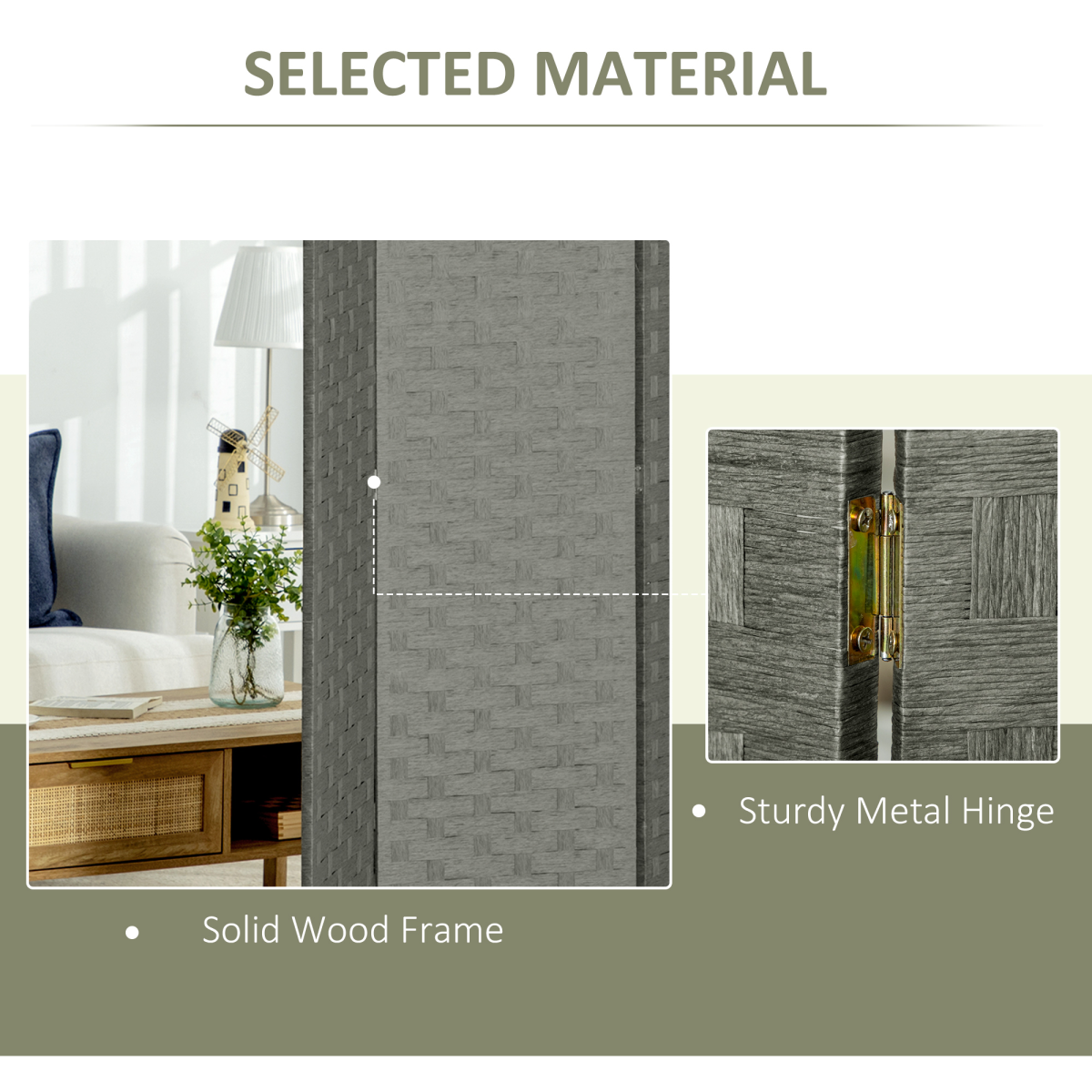 4-Panel Foldable Wave Fibre Room Divider Privacy Screen, Grey