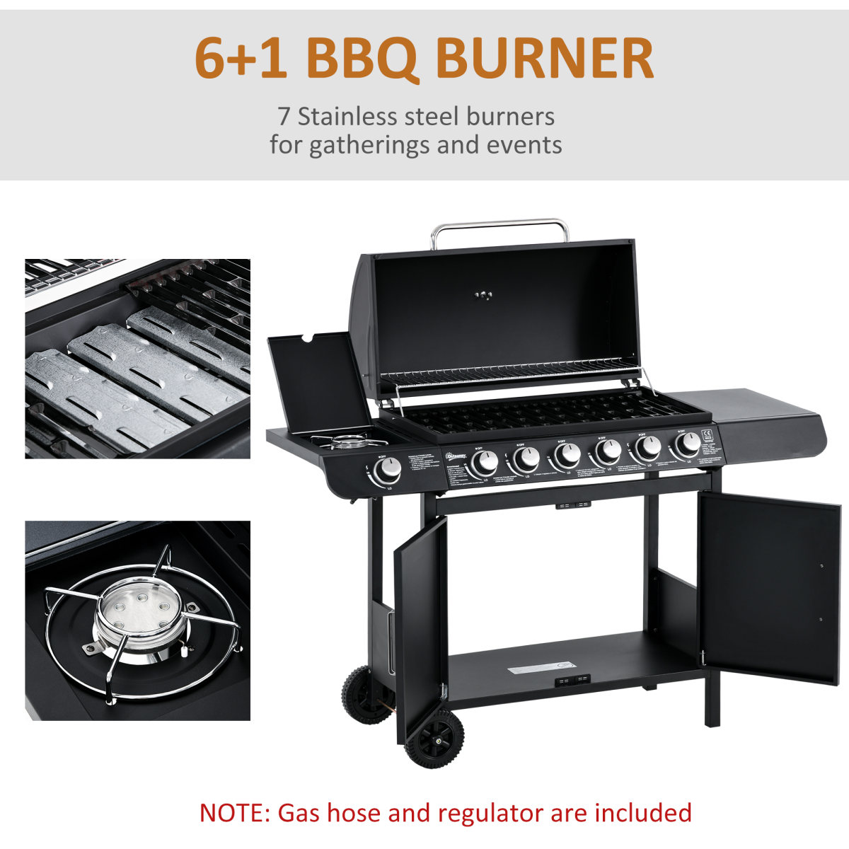 Outsunny 6+1 Burner Gas BBQ Grill with Side Burner, Wheels & Cabinet