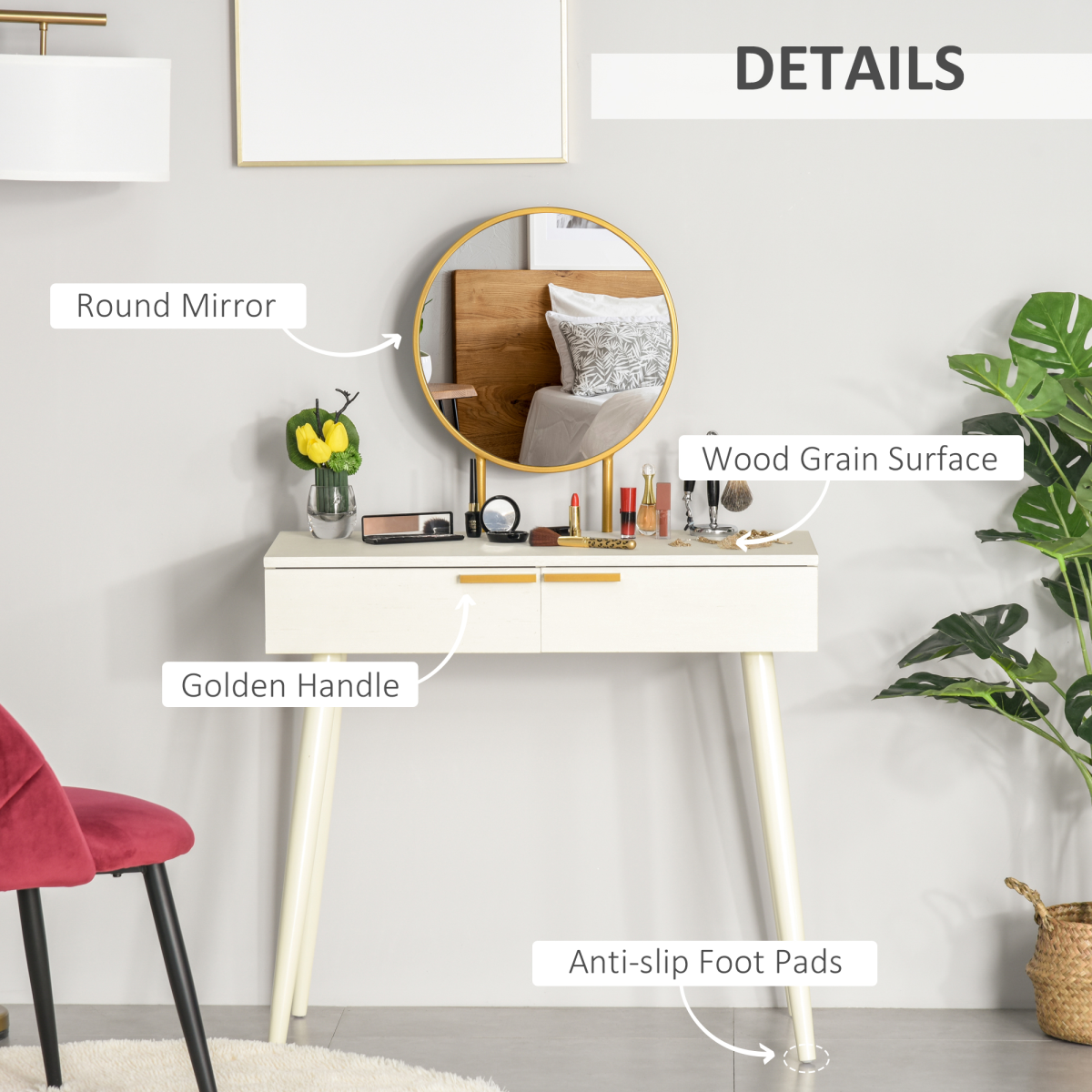 HOMCOM Modern White Dressing Table with 2 Drawers and Round Mirror