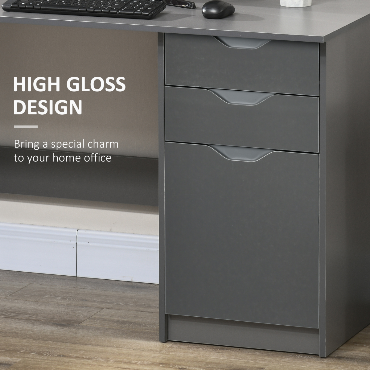 HOMCOM Grey Computer Desk with 3 Drawers, Modern Workstation for Study and Office