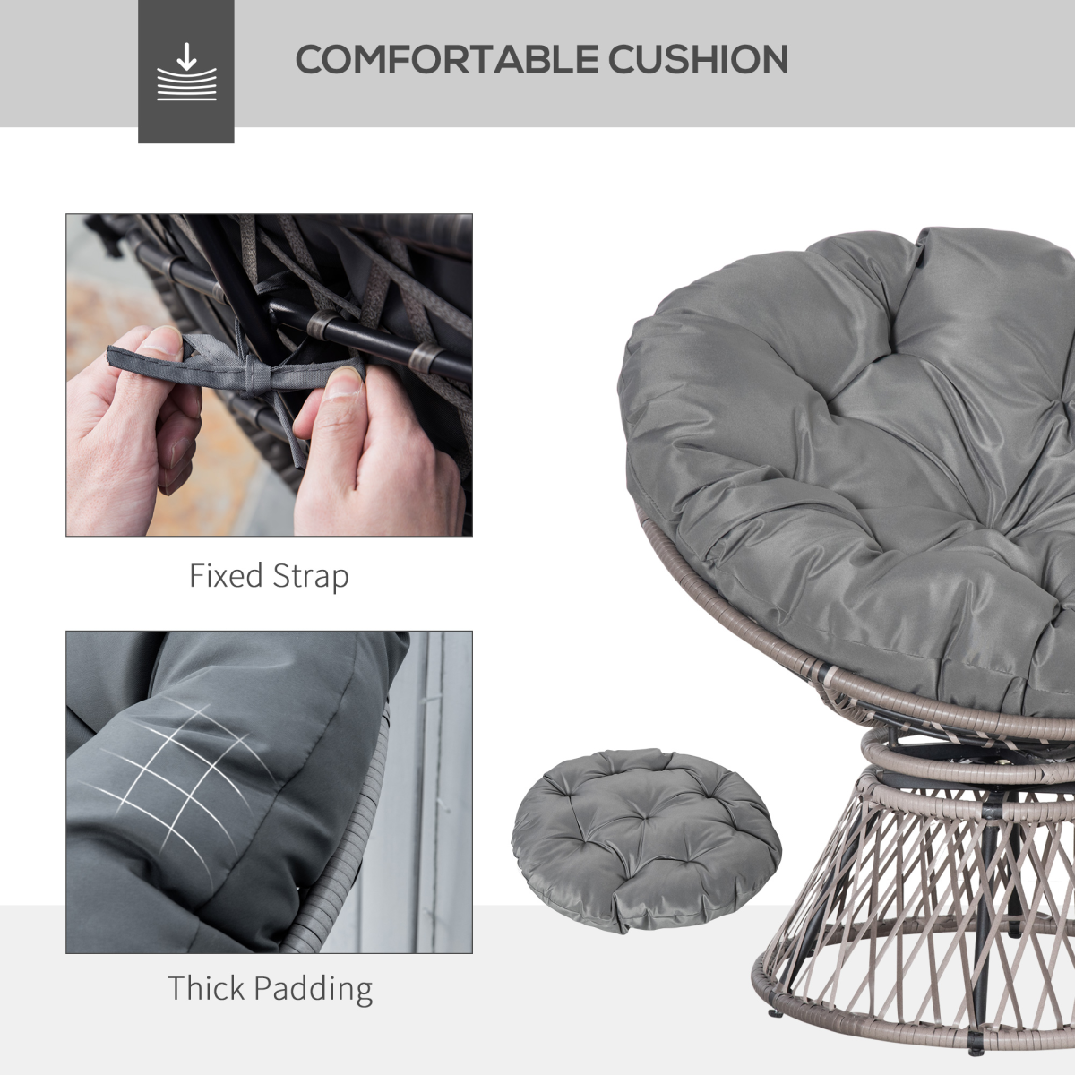 360° Swivel Rattan Papasan Moon Bowl Chair with Cushion, Outdoor, Grey, Outsunny