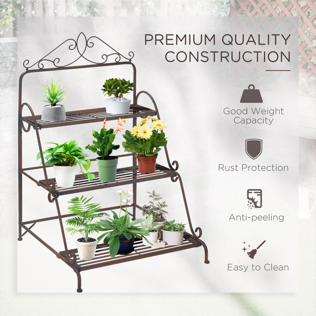 Outsunny 3-Tier Freestanding Metal Stair-Style Plant Stand with Scrollwork, Flower Pot Holder Display Shelf