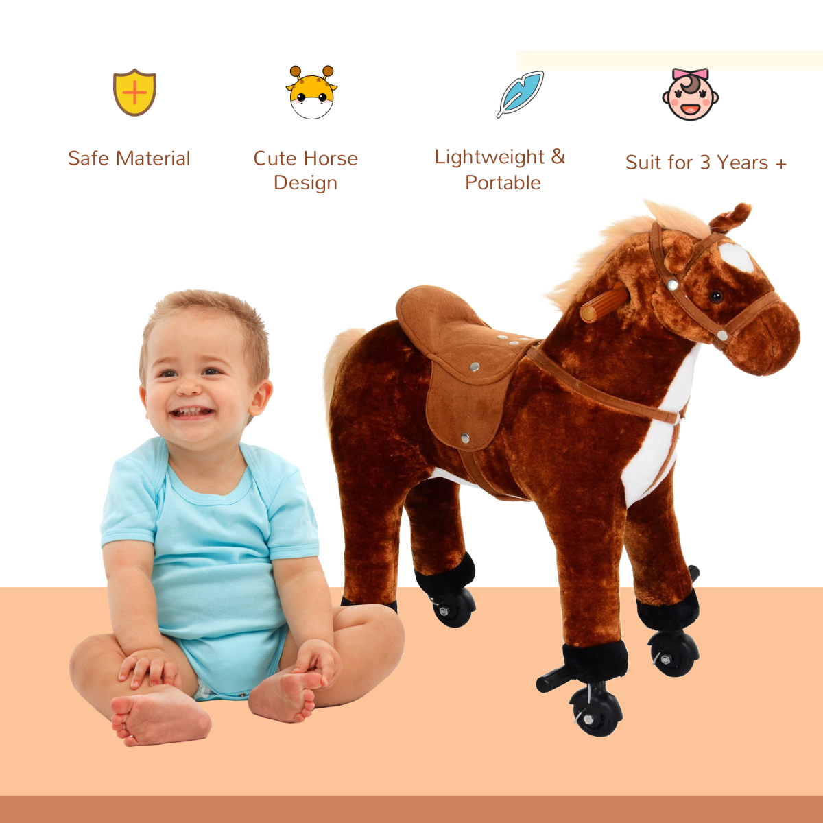 HOMCOM Plush Ride On Walking Horse Toy with Wheels and Sound