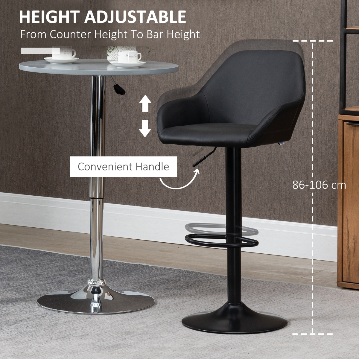 HOMCOM Set of 2 Adjustable Swivel Bar Stools with Backrest and Footrest, PU Leather, Black