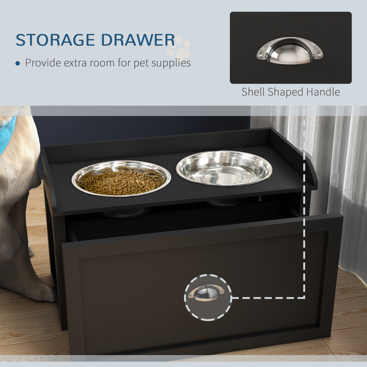 PawHut Raised Stainless Steel Dog Bowls with 21L Drawer