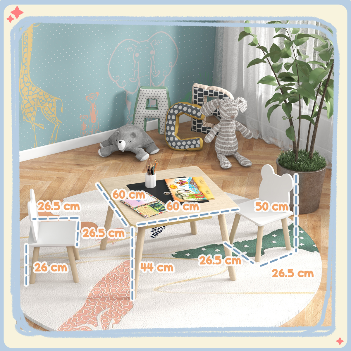 AIYAPLAY 3-Piece Toddler Table and 2 Bear Chairs with Storage