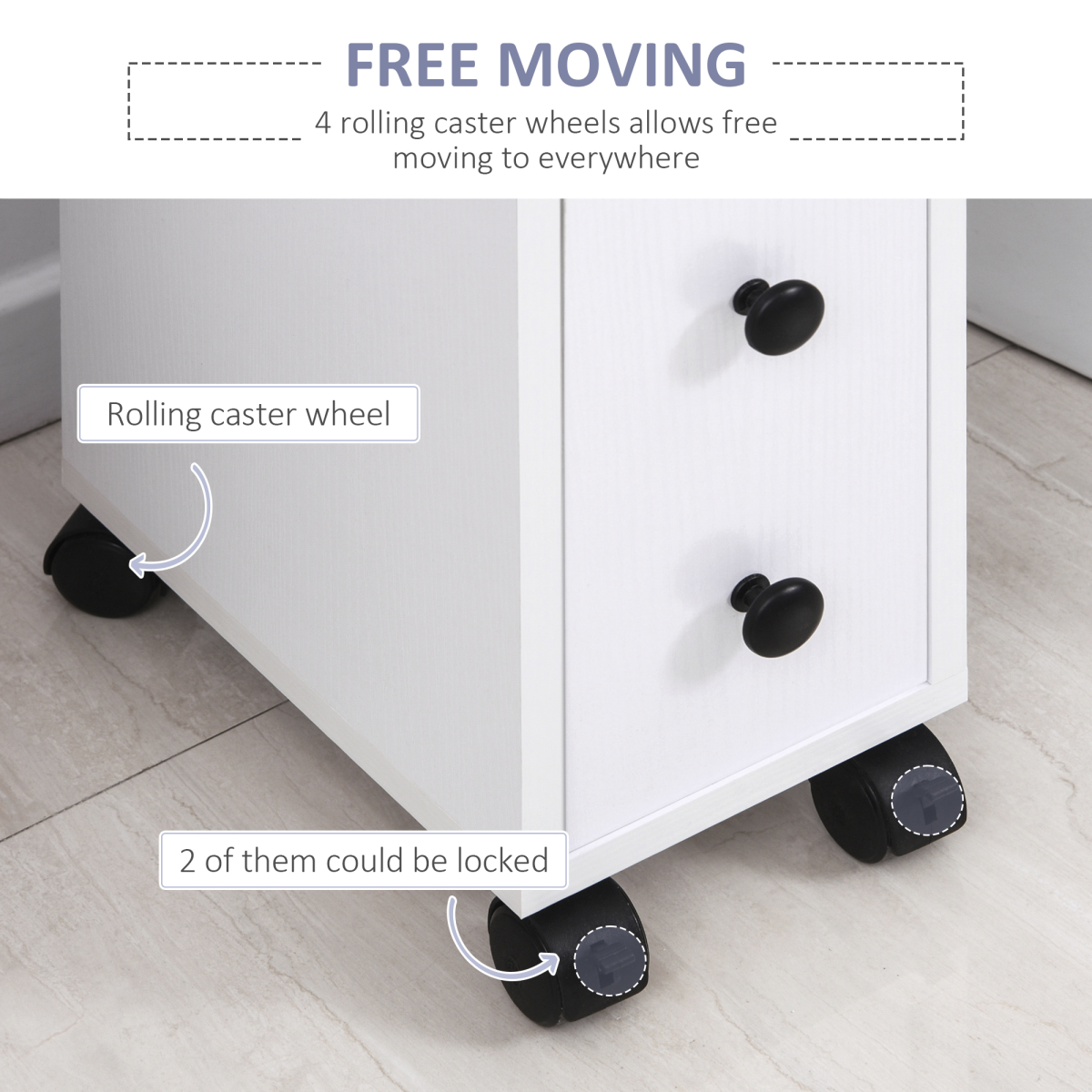 Slimline White Bathroom Storage Unit with 2 Drawers and Wheels