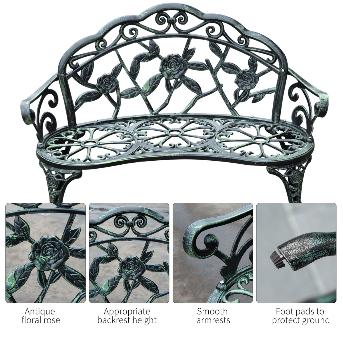 Outsunny Antique Style Cast Aluminum Garden Bench with Curved Back, Rose Pattern, Verdigris Finish