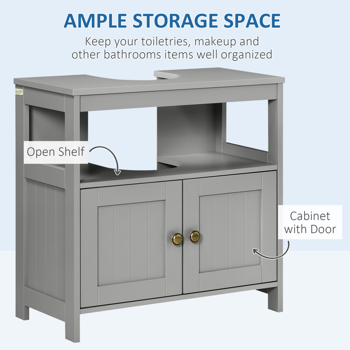 kleankin Bathroom Pedestal Under Sink Cabinet, Grey, with Open Shelf, Door and U-Shaped Cut-Out