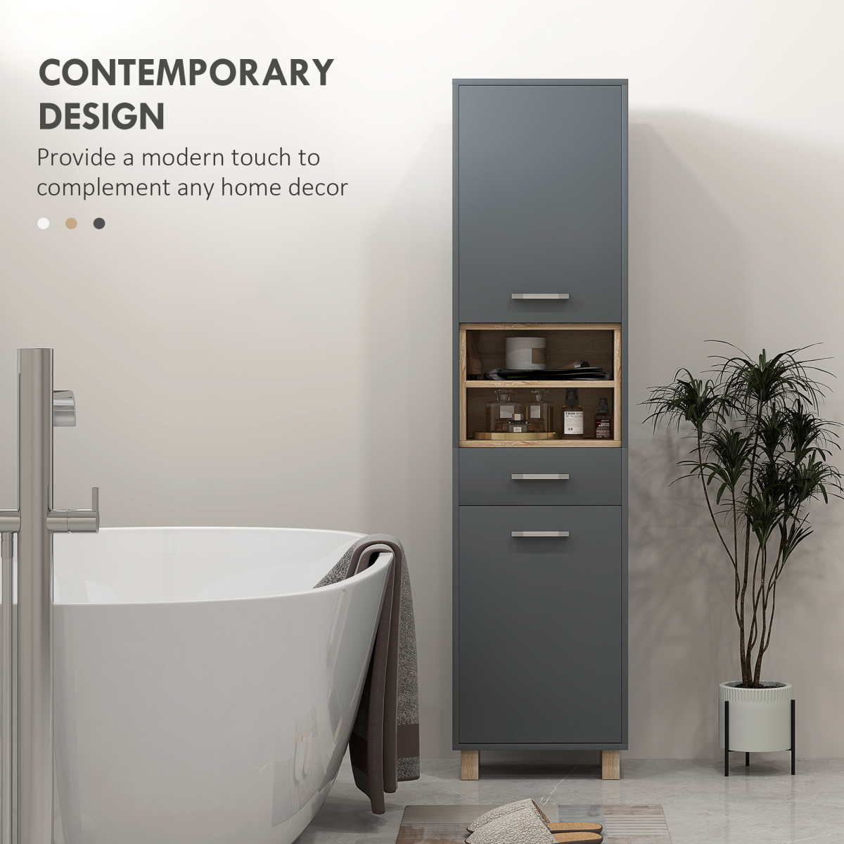 HOMCOM Grey Bathroom Storage Unit with Cabinets, Shelves and Drawer