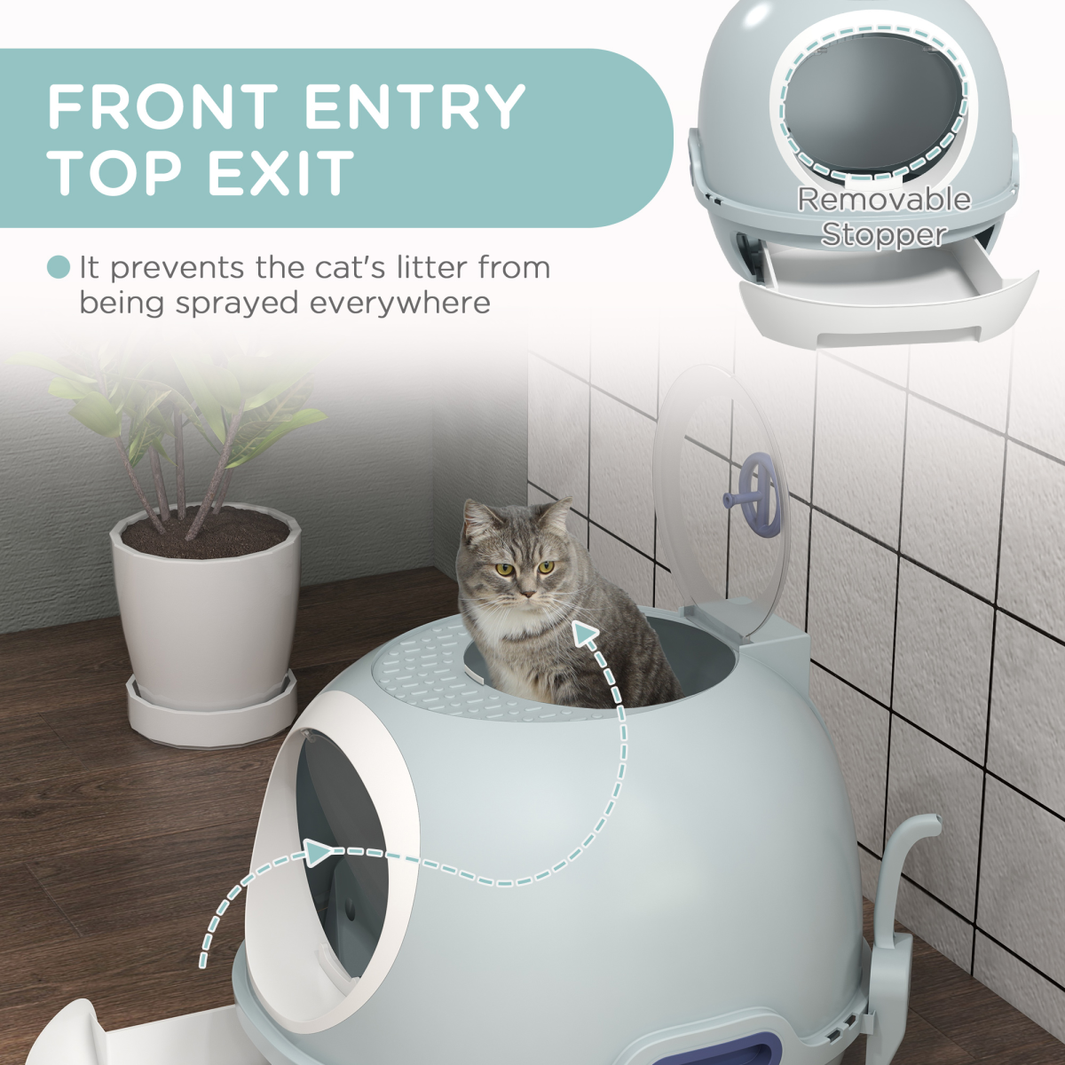 PawHut Enclosed Cat Litter Box with Removable Tray, Top Exit, Skylight, Scoop, and Side Handles