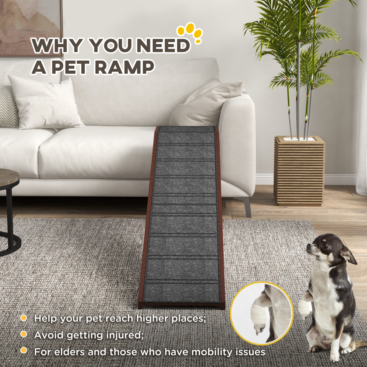 Pet Ramp for Dogs and Cats with Non-Slip Carpet, Pine Wood Ramp for Bed and Sofa, 188 x 40.5 x 63.5 cm, Pawhut
