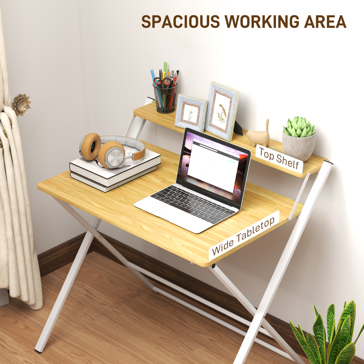 HOMCOM Folding Desk with 2-Tier Shelf, Maple Wood-Effect