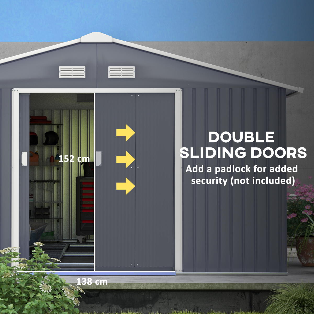 Outsunny 13 x 11FT Galvanised Steel Outdoor Garden Shed with Sliding Double Doors, Ventilation and Floor Foundation, Grey
