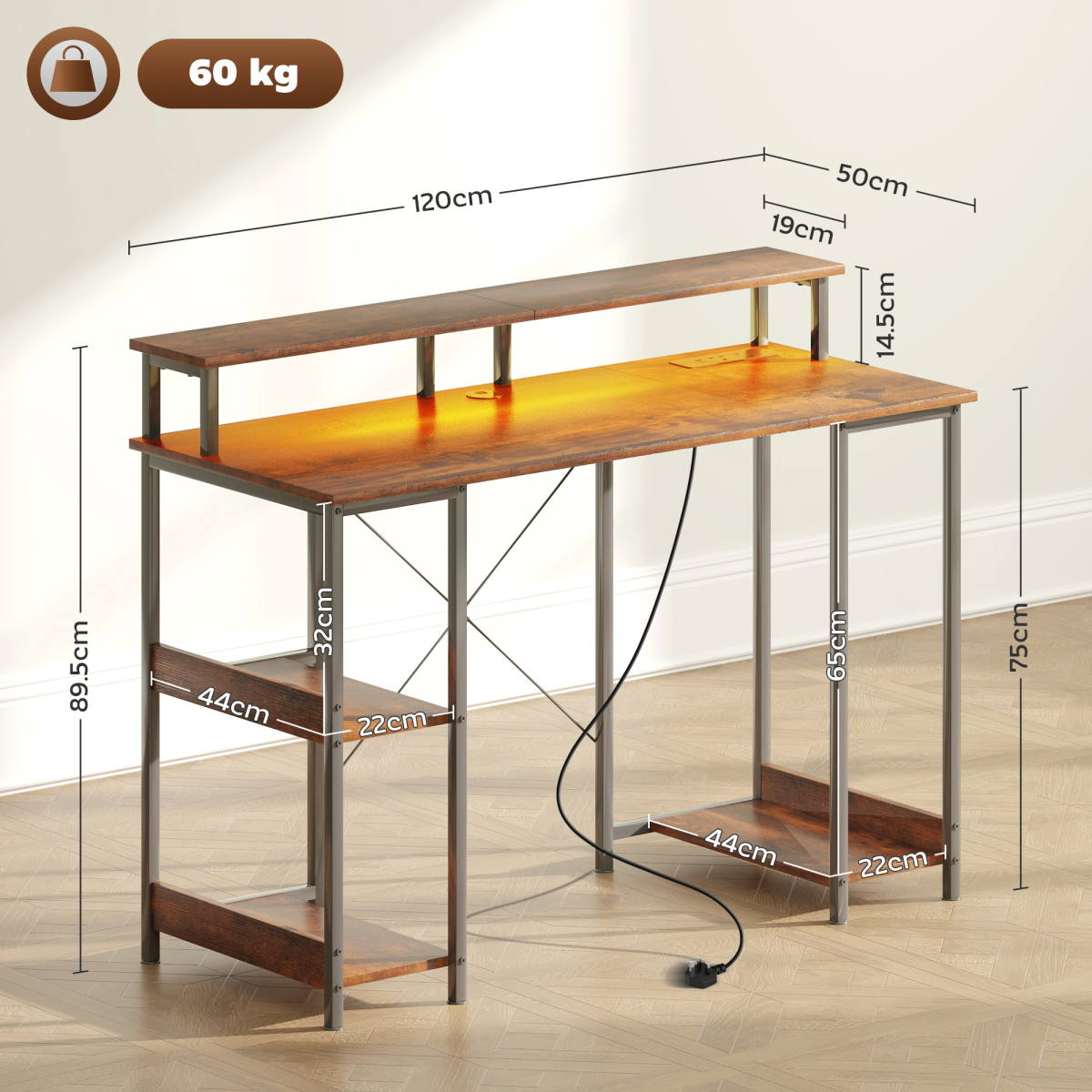HOMCOM Reversible Computer Desk with Storage and RGB Light, Rustic Brown