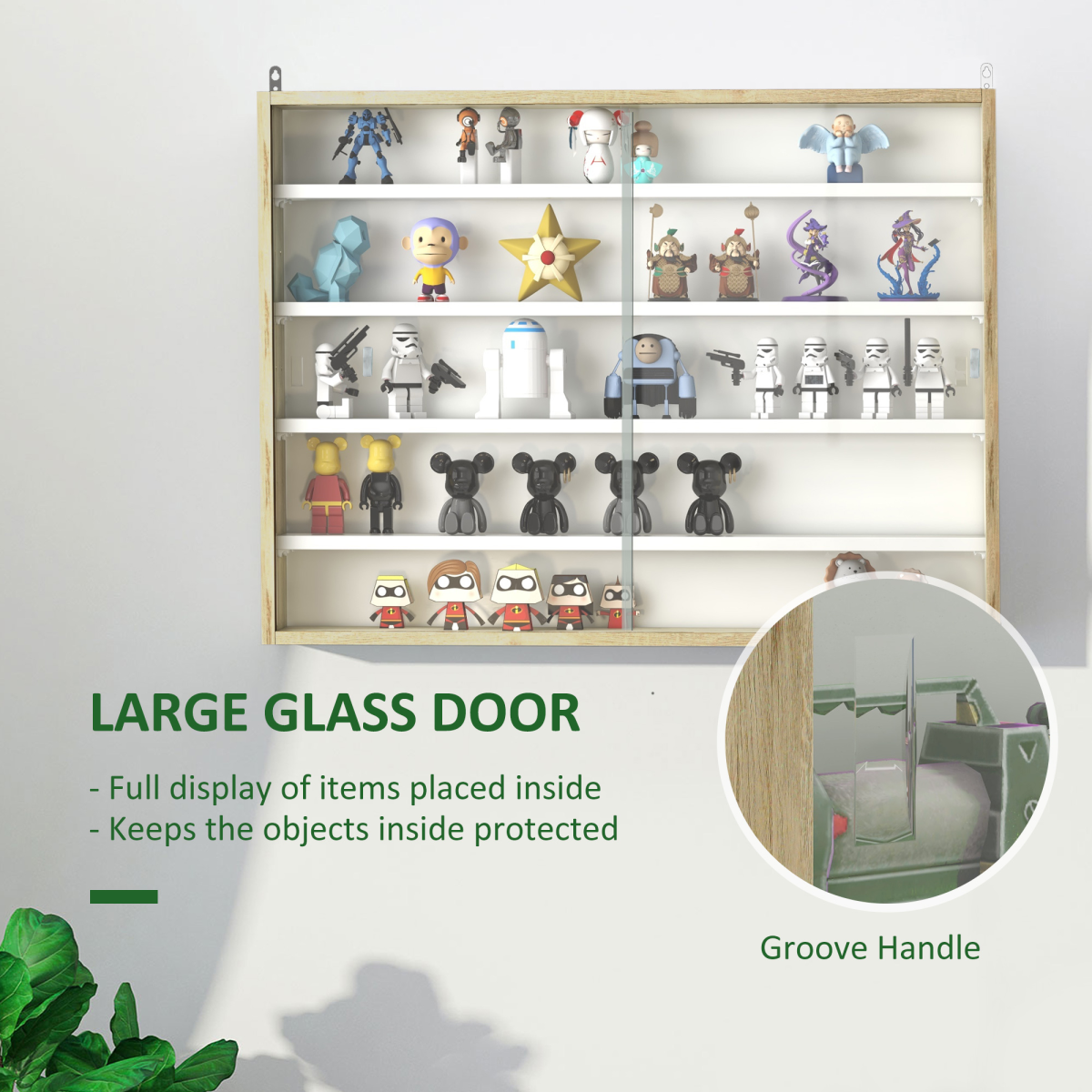 HOMCOM 5-Tier Wall Display Cabinet with Glass Doors, Natural/White