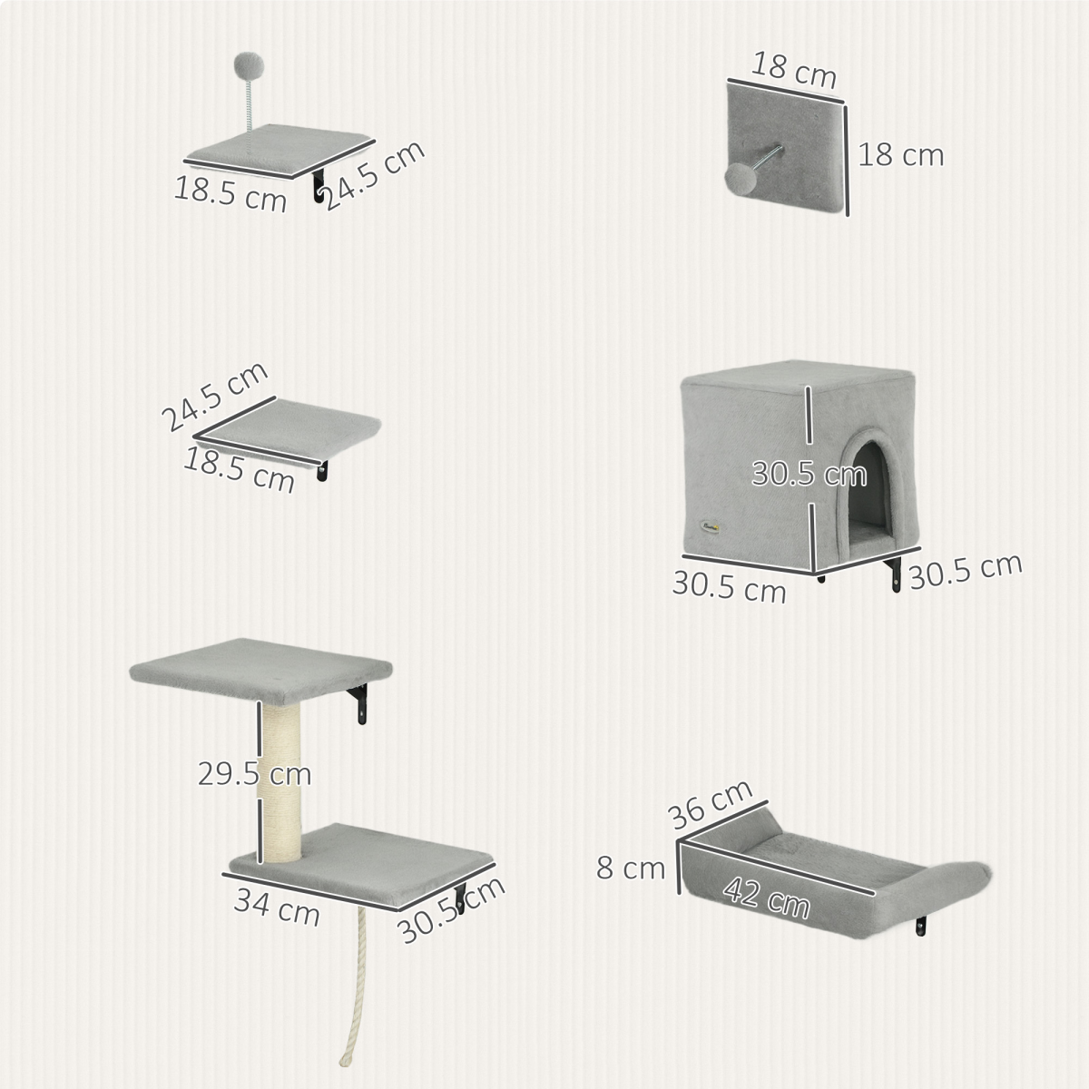 PawHut 6-Piece Wall-Mounted Cat Shelves Set with Condo, Grey