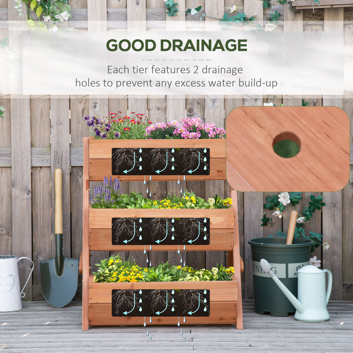 Outsunny 3-Tier Raised Wooden Garden Bed Planter Box, Brown Fir Wood