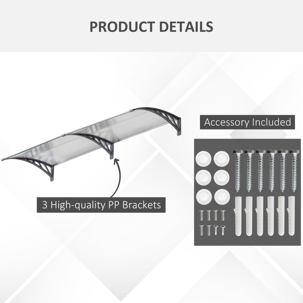 Outsunny Clear Polycarbonate Door Canopy Awning with UV-Resistant Layer, PP Bracket, Wall Mount Kit for Windows, Doorways and Balconies