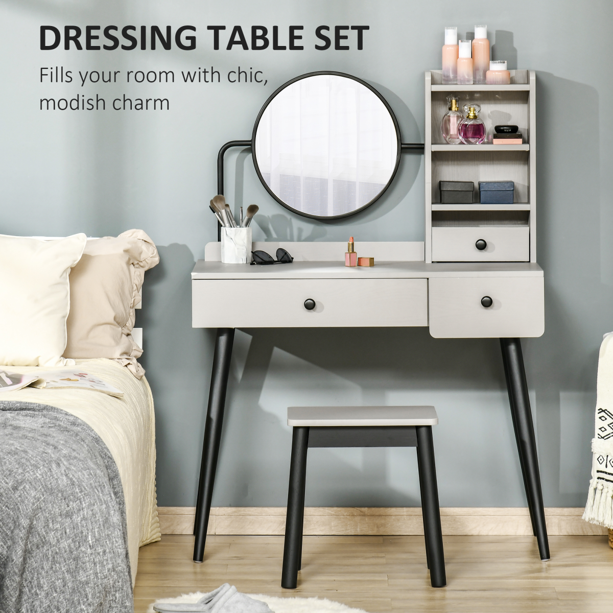 HOMCOM Dressing Table Set with Stool, 3 Drawers, Side Shelves and Fixed Mirror, Grey
