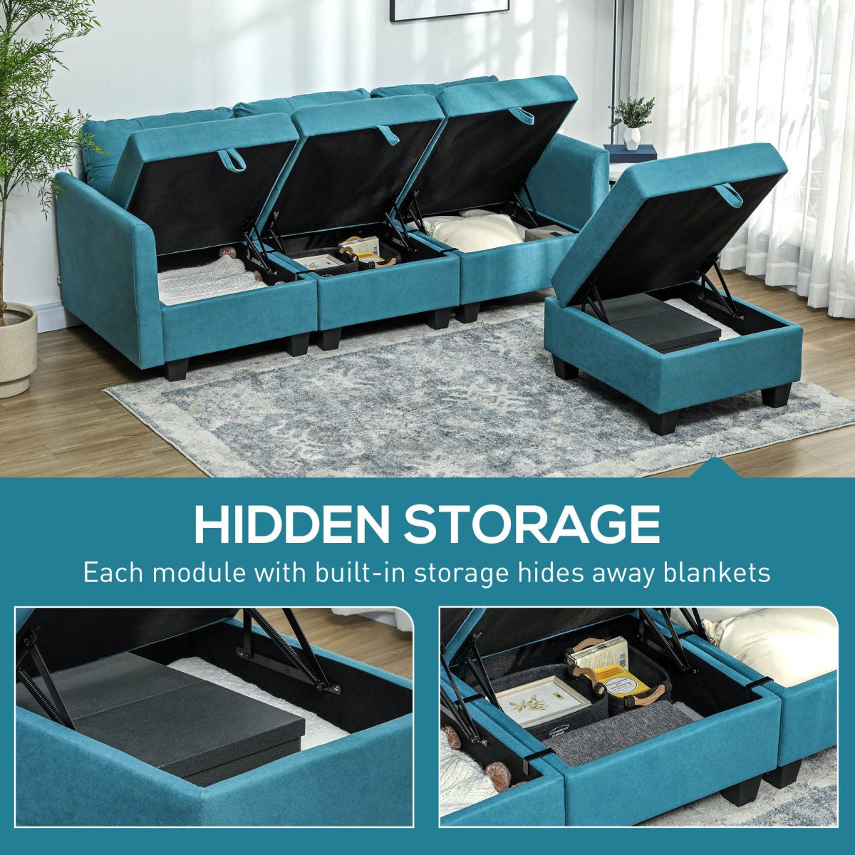 HOMCOM Convertible Modular Sectional Sofa with Storage, Light Blue
