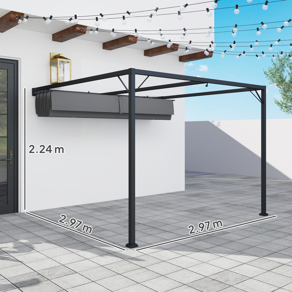 Outsunny 3 x 3m Wall-Mounted Outdoor Pergola with Retractable Canopy, Grey
