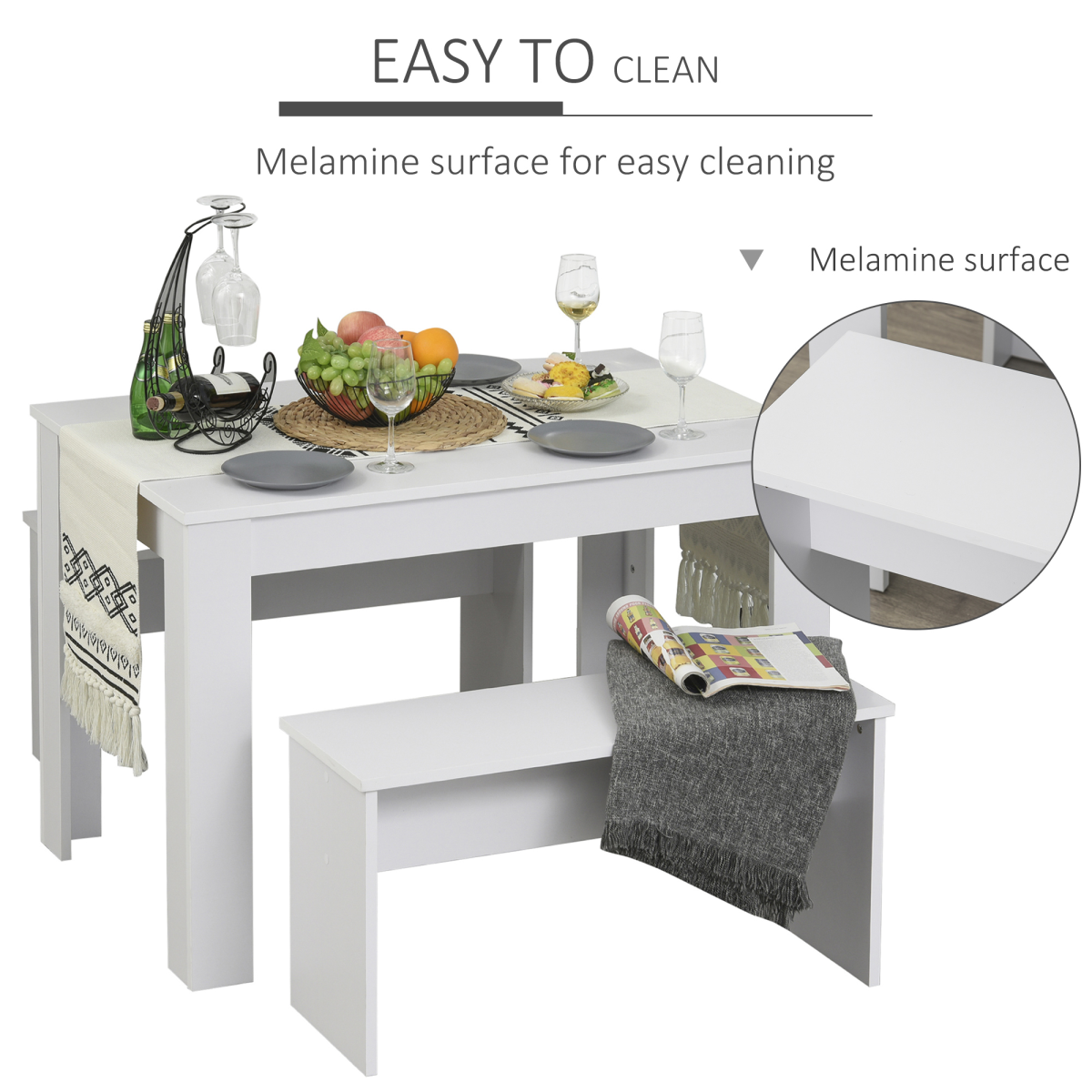 HOMCOM 3 Piece White Particle Board Dining Set with Table and 2 Benches