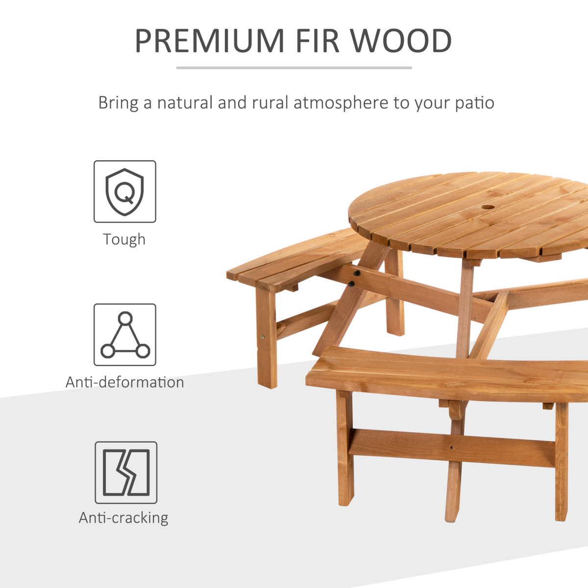 Outsunny Round Wooden Table with 3 Attached Benches and Umbrella Hole, Fir Wood, Outdoor Garden Use