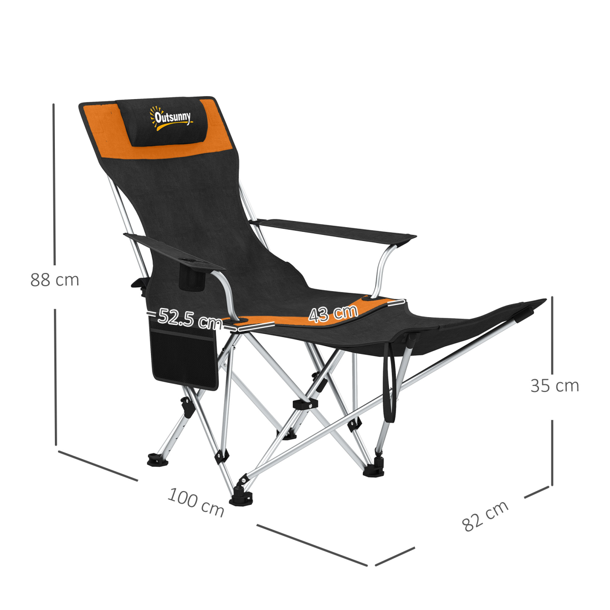 Outsunny Set of 2 Reclining Camping Chairs with Footrest, Orange/Black
