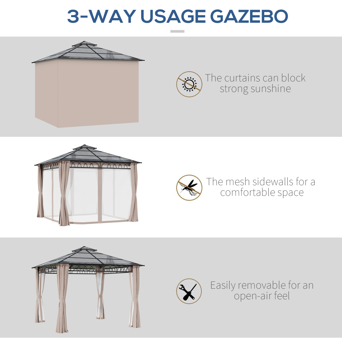 Outsunny 3 x 3m Polycarbonate Hardtop Gazebo with Curtains & Netting
