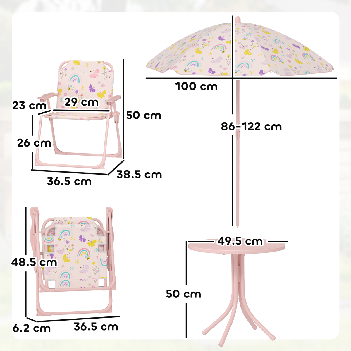 AIYAPLAY Kids Garden Table and Chairs Set, 4-Piece Outdoor Patio Set with Parasol, Pink