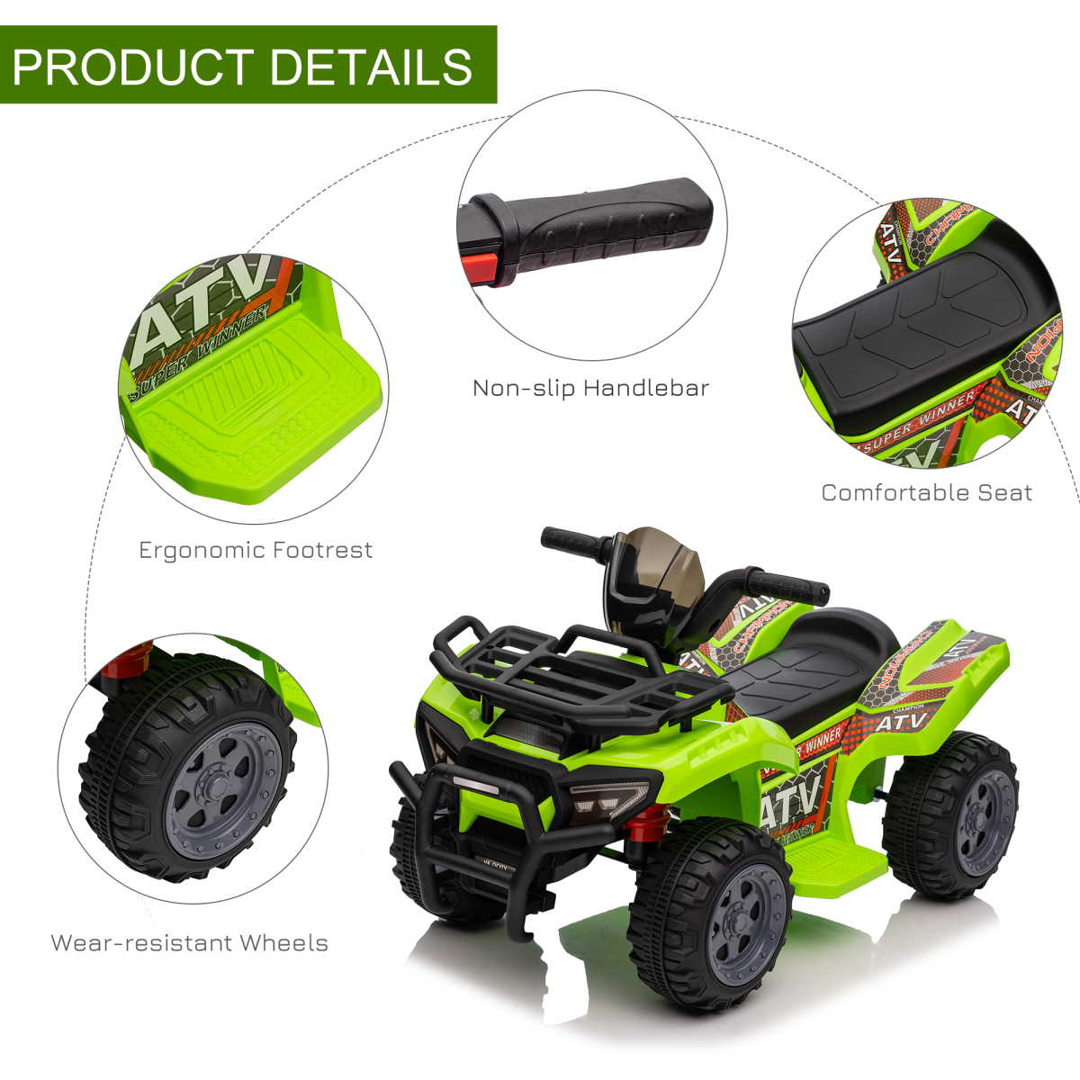 HOMCOM 6V Kids Electric Ride On Quad Bike ATV with Music, Forward Drive, 18-36 Months
