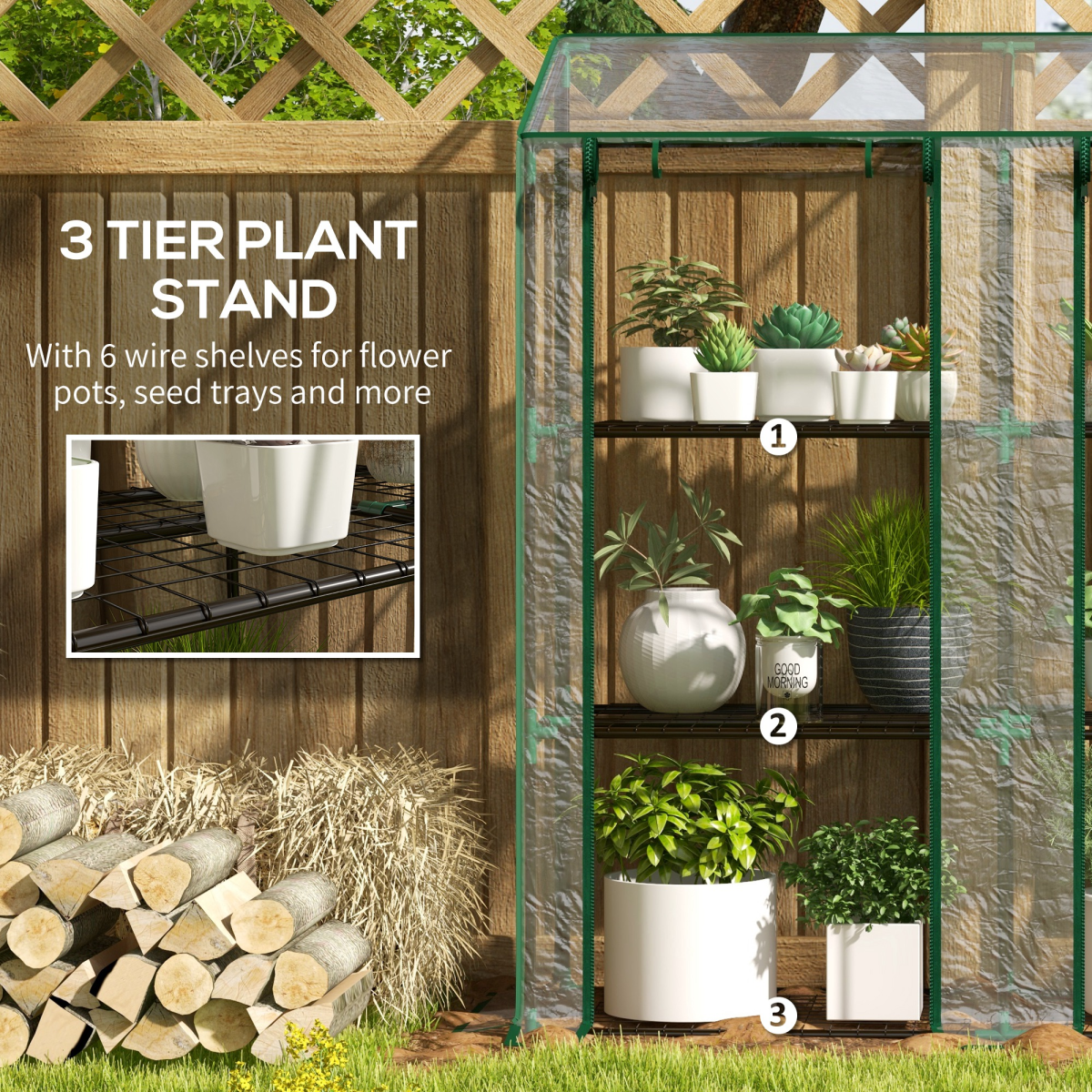 Outsunny Mini Lean-To Greenhouse with 3-Tier Shelves, Clear, 143L x 46W x 141/151Hcm