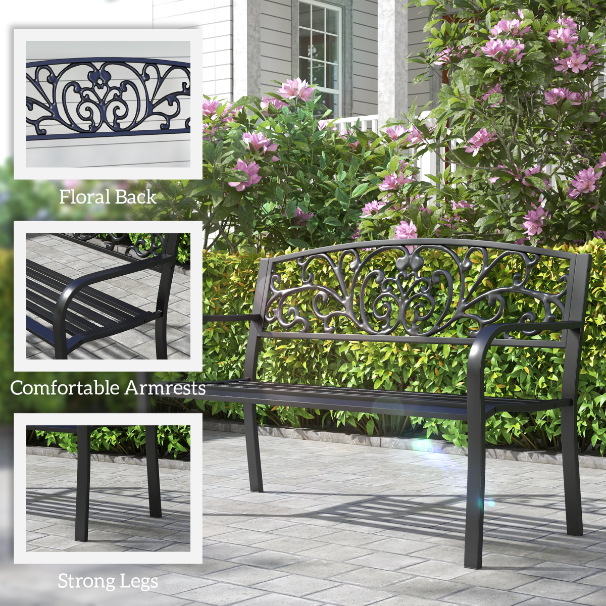Outsunny 2-Seater Steel Garden Bench with Floral Backrest