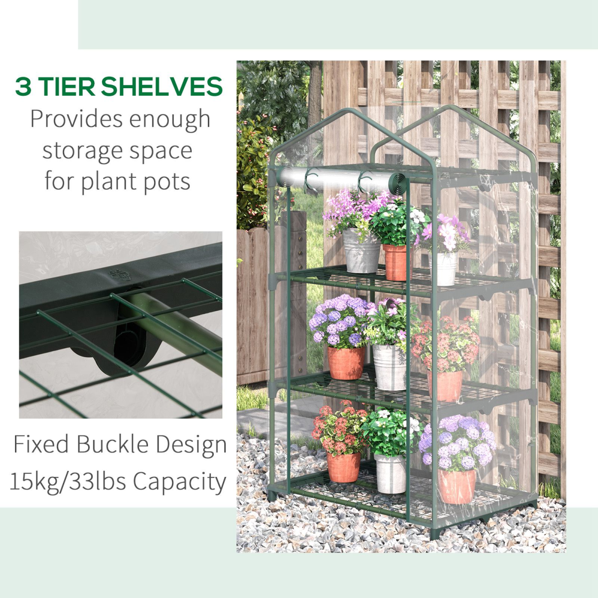 Outsunny 3-Tier Mini Greenhouse with Roll-Up Door, 69x49x125cm, Clear