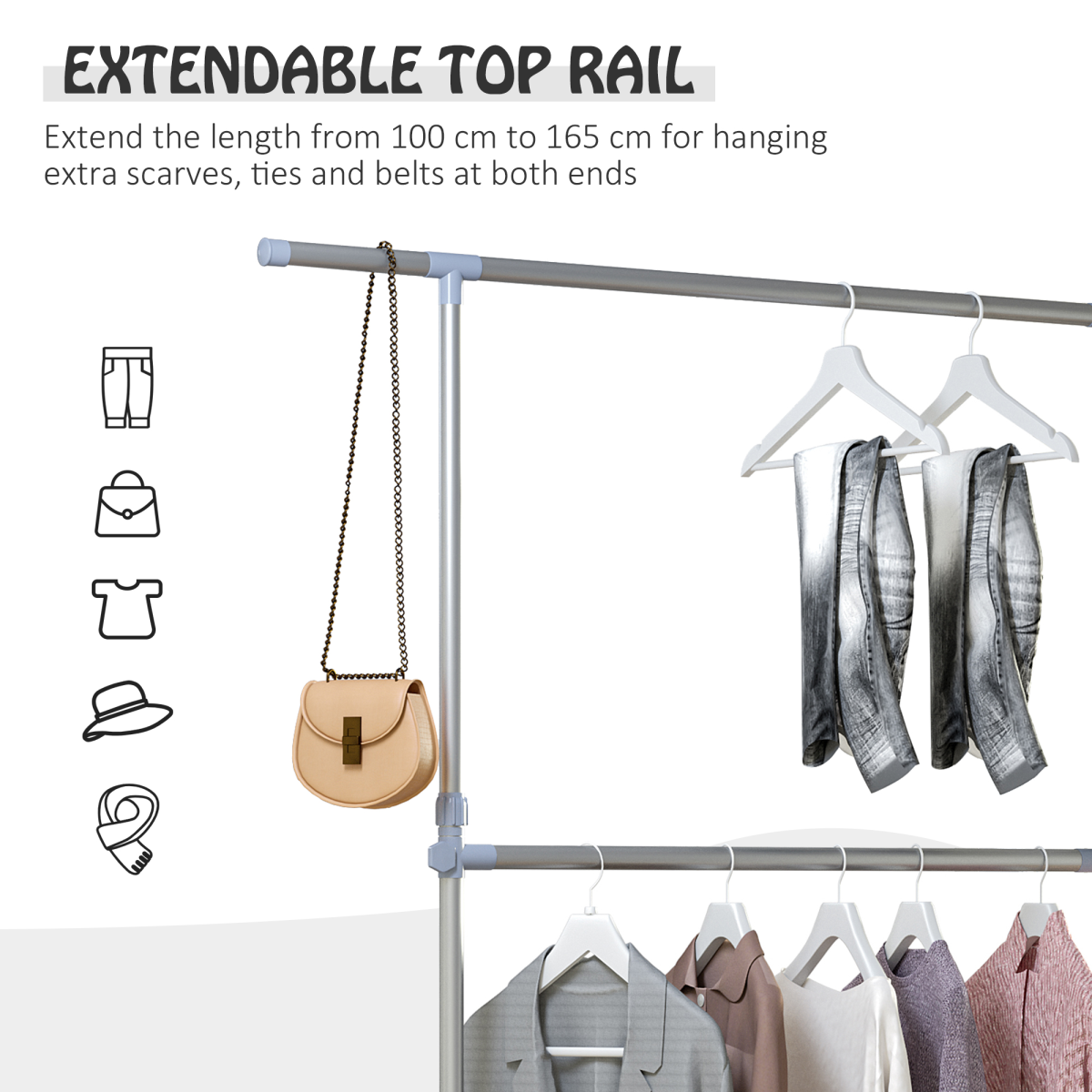 HOMCOM Adjustable Clothes Hanger with Wheels, Heavy Duty, Silver/Grey