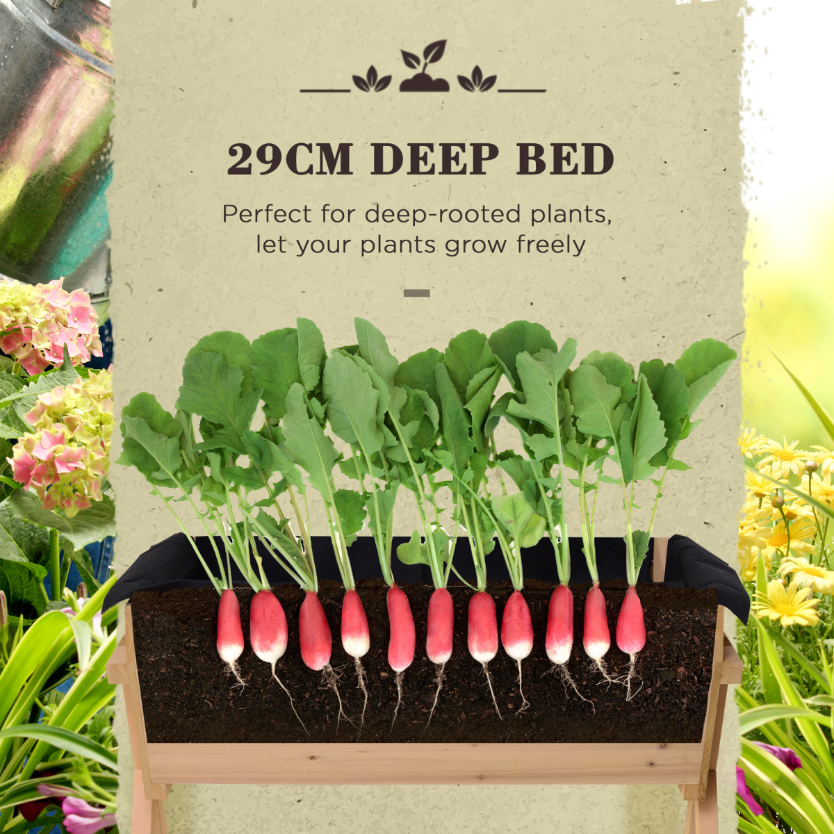 Outsunny Large Fir Wood Raised Planter Trough with Liner Bag, Drainage Hole, Natural Finish