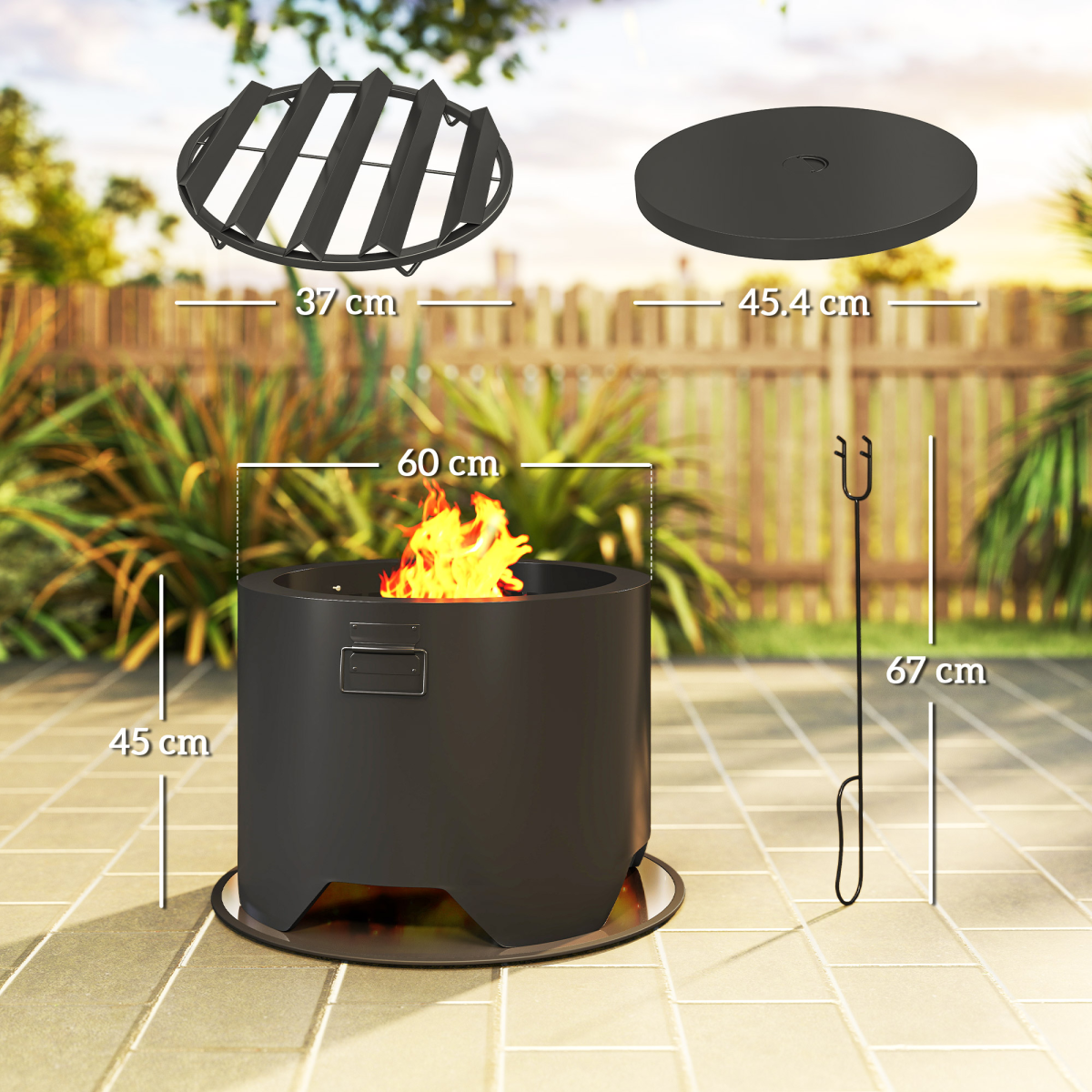 Outsunny Outdoor Round Wood Burning Fire Pit with Lid and Poker, Black