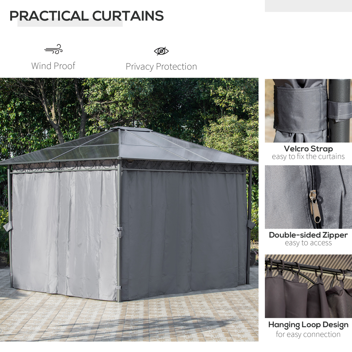 3.6 x 3 m Hardtop Gazebo with Polycarbonate Roof and Curtains