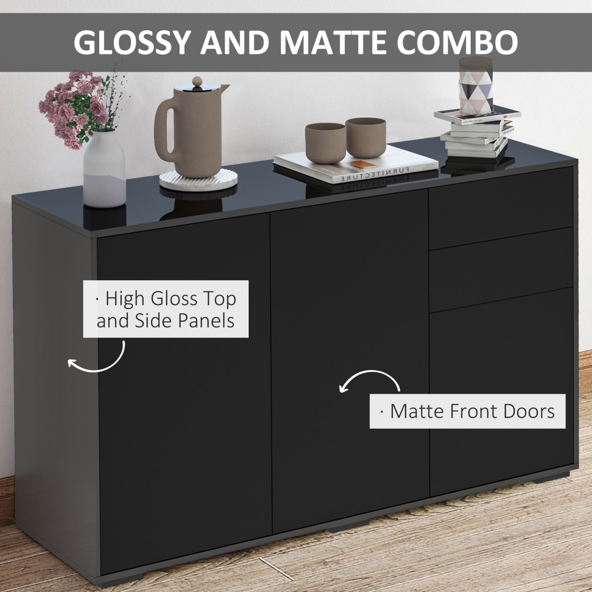 Side Cabinet with 2 Doors and 2 Drawers, Push Open Freestanding Storage Cabinet for Home Office