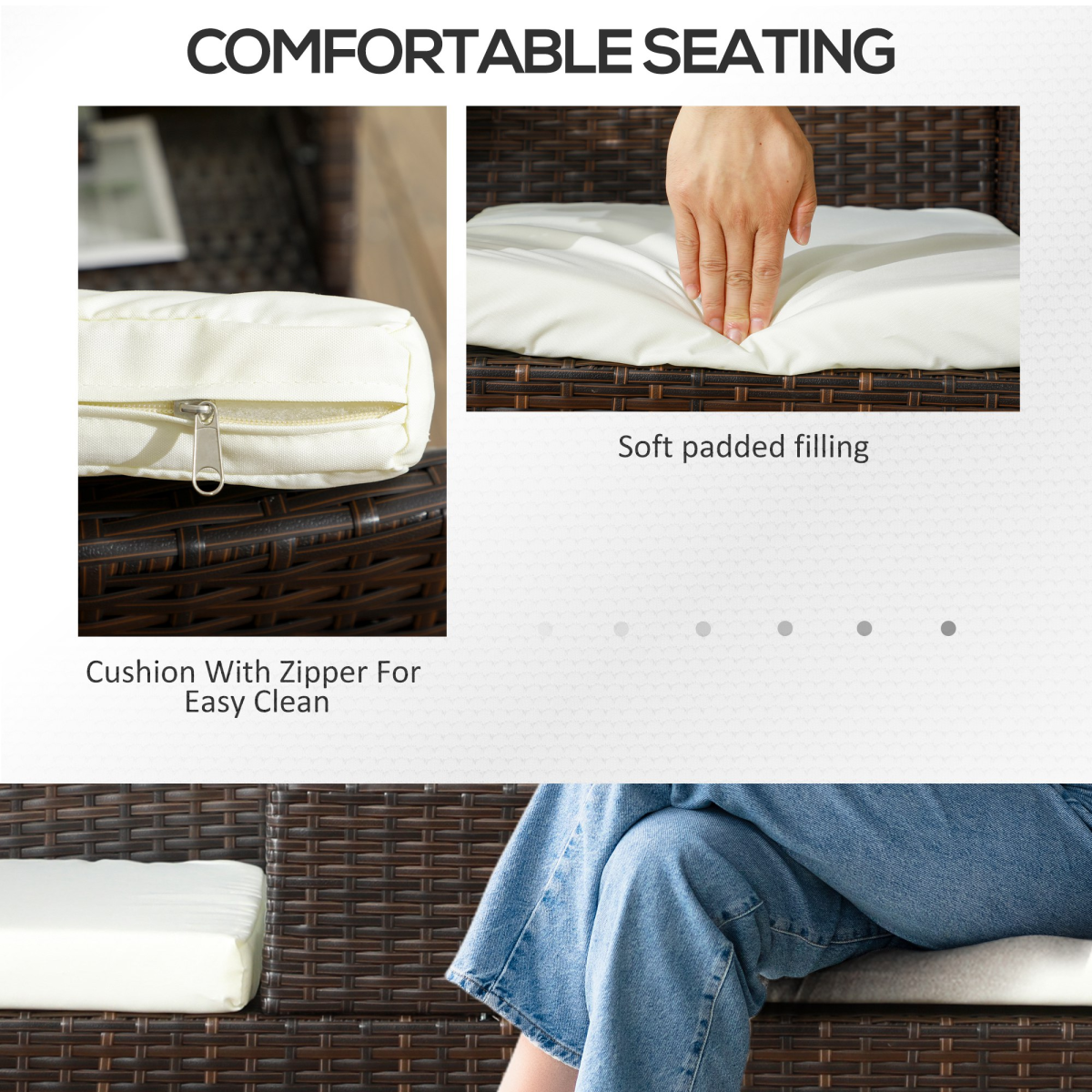 Outsunny 2 Seat Rattan Garden Bench with Middle Table, Tempered Glass Top and Padded Cushions