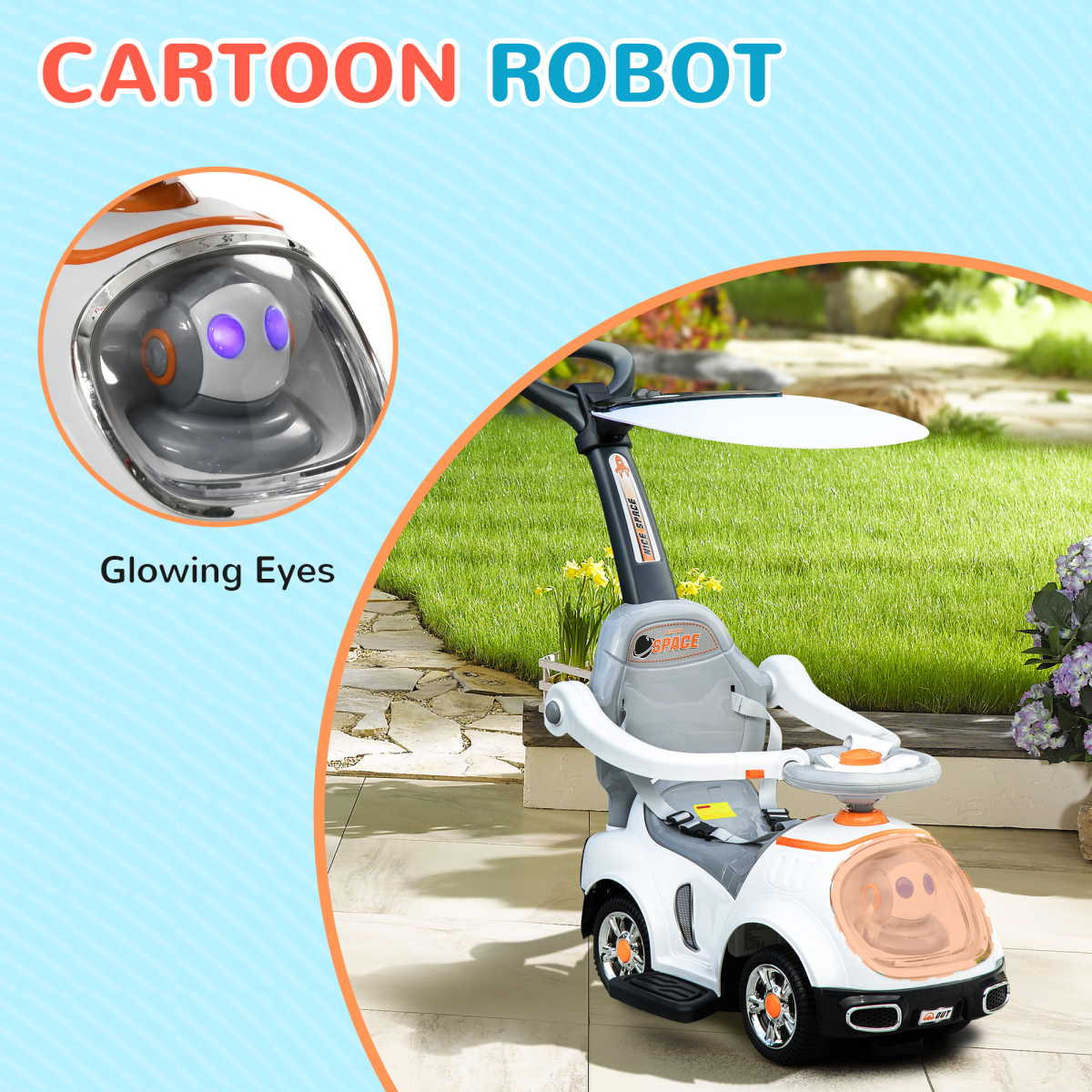 AIYAPLAY 3-in-1 Ride On Push Car with Light-Up Robot Design, White