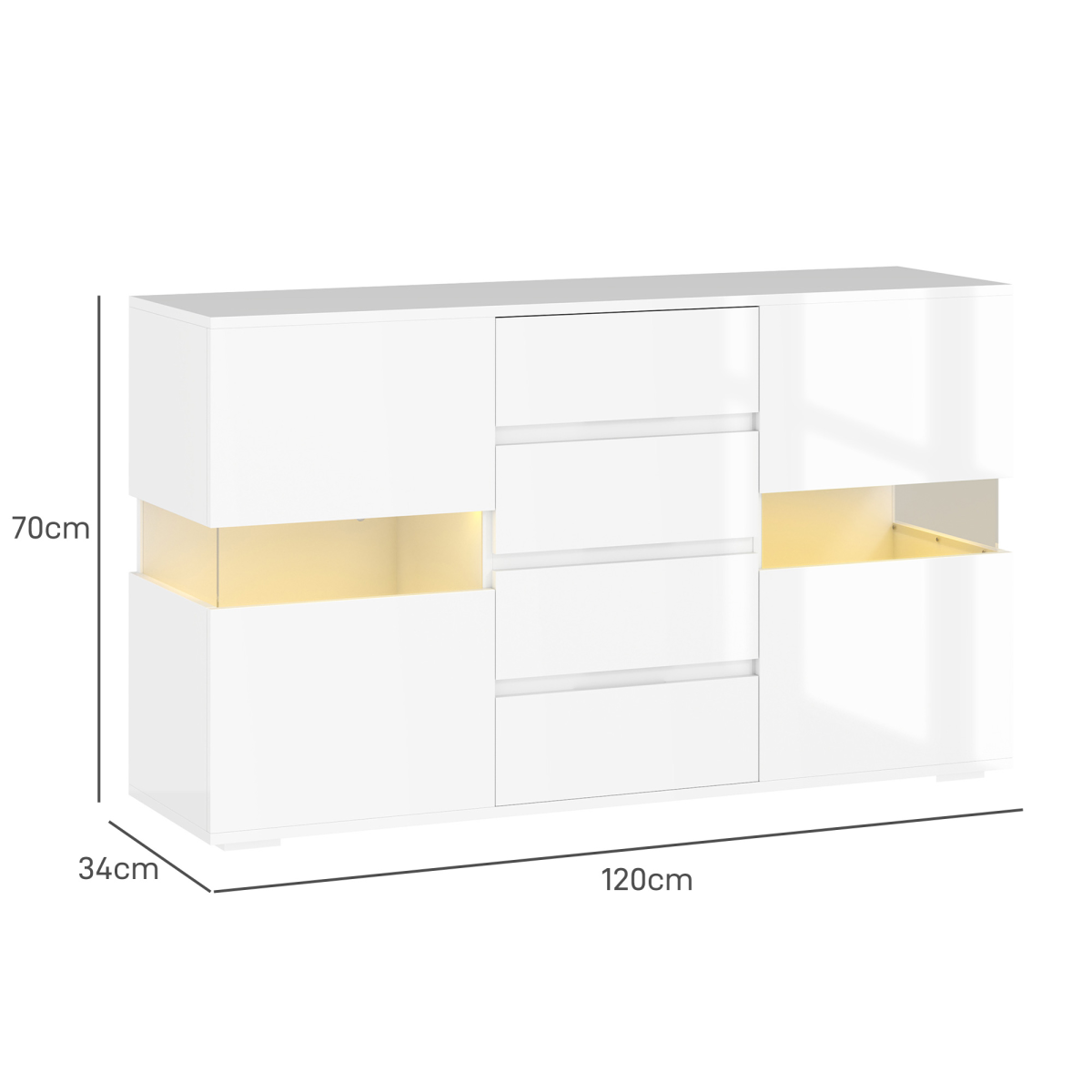 HOMCOM White High Gloss LED Sideboard with 4 Drawers & Cupboards